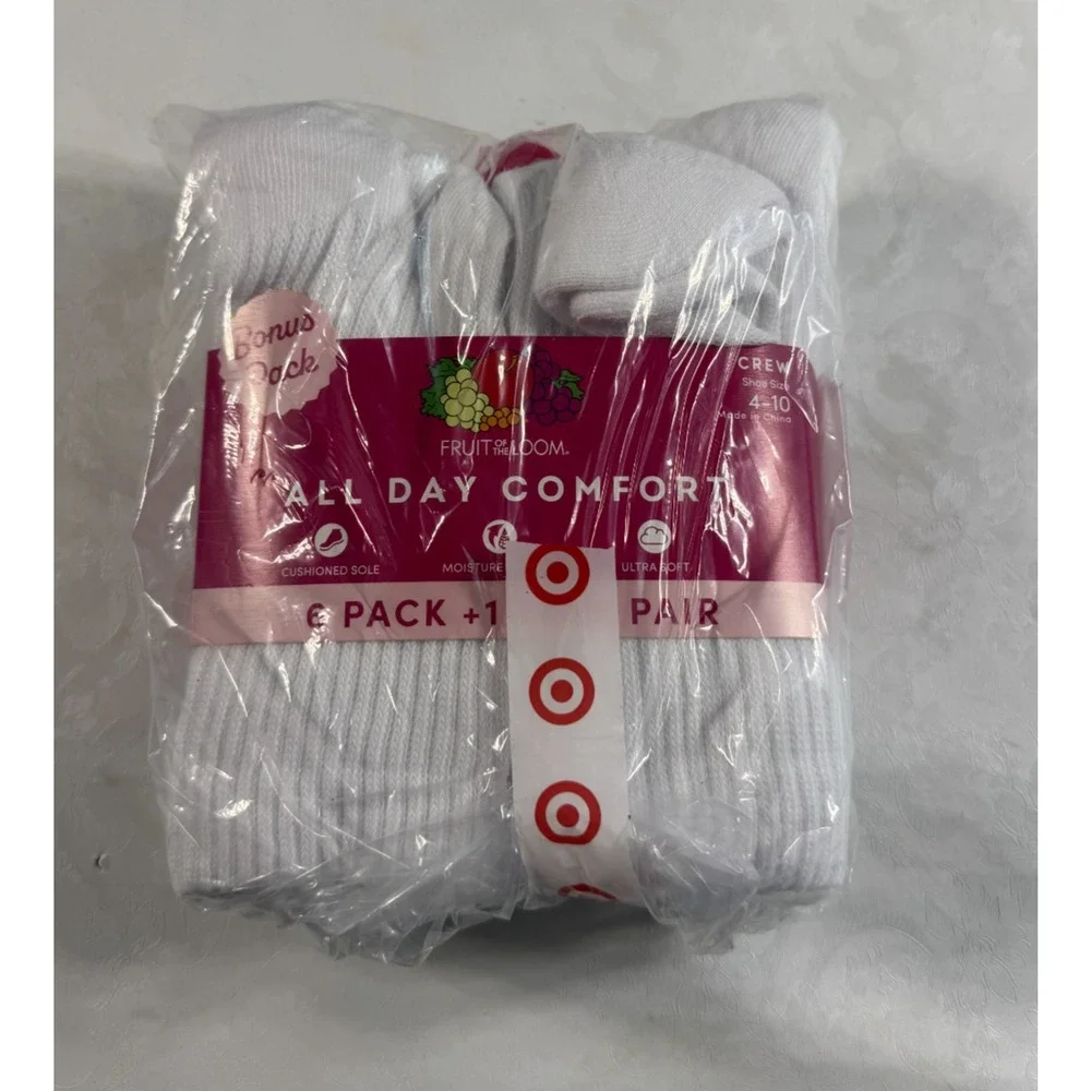 Fruit of the Loom Women's All Day Comfort Crew Socks Size 4-10 White 7 Pairs NWT
